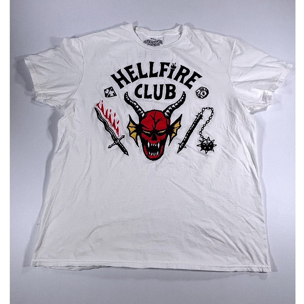 Netflix Stranger Things Graphic T-Shirt Hellfire Club Men's Large White Cotton